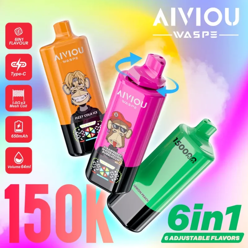 WASPE Aiviou 150K 150000 Puffs 6in1 Wiederaufladbares Einweg Kit - 💥 Nehme 4 Zahle NUR 3! + Ab einem Einkauf von 100€ 2 Mystery Gratis💥