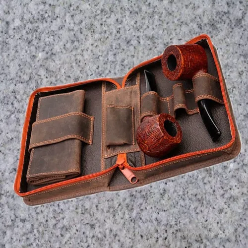 Eric Stokkebye: 4TH GENERATION LEATHER 3 PIPE COMBO POUCH - HUNTER BROWN
