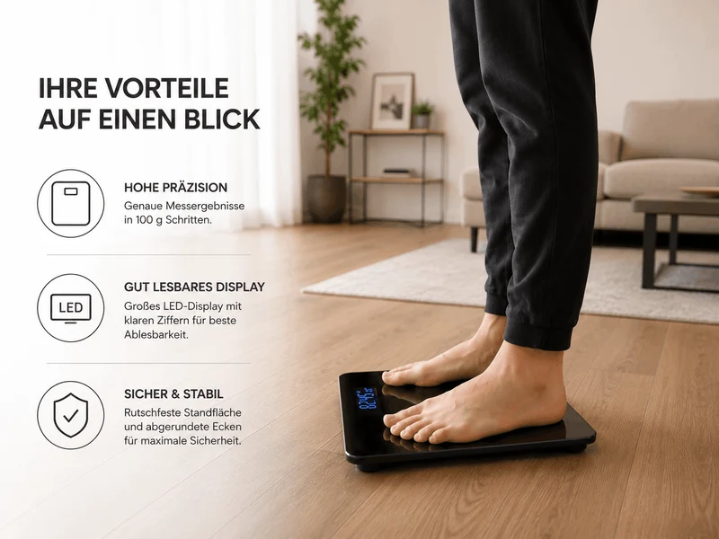 Personenwaage mit Innenthermometer Schwarz Glas