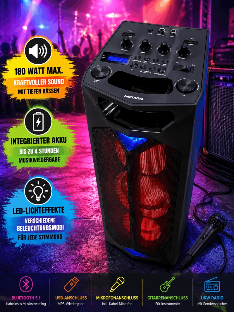 MEDION Bluetooth Party-Soundsystem Partylautsprecher LED mit Mikrofon Karaoke