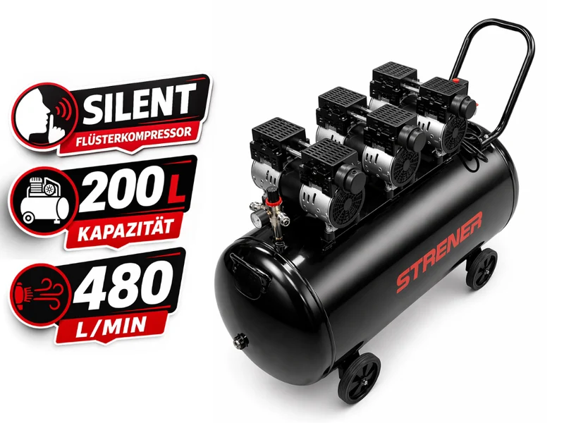 STRENER Ölfrei Flüsterkompressor 200L 3PS/8 Bar Geräuscharmer Kompressor