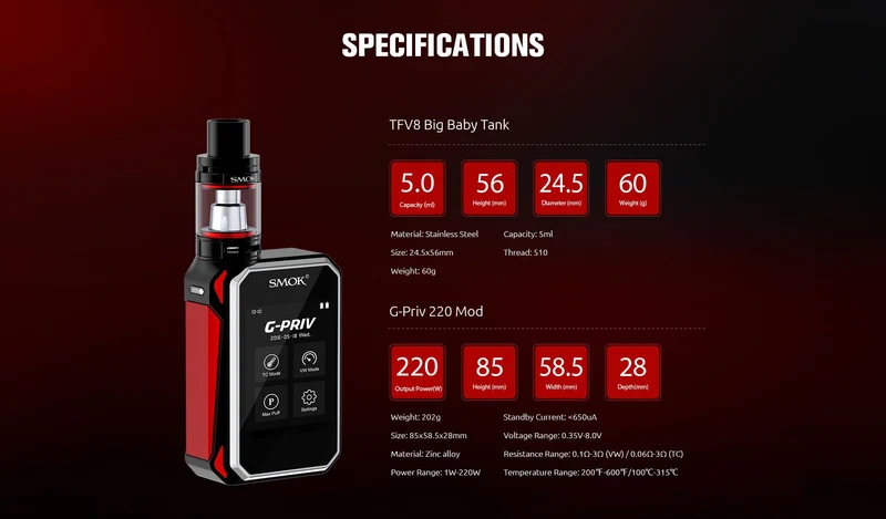 SMOK G - PRIV 220w Touch Display Starterkit Starterset mit TFV8 Big Baby - 5,0 ml