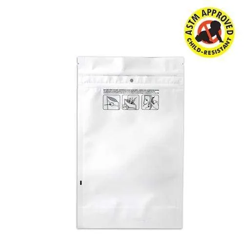Mylar Bag DymaPak Child Resistant White Mylar Bag - Opaque 1 Oz - 28 Grams (100, 500, or (1000 Count)
